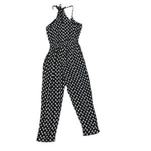Lucky Brand Womens Jumpsuit Boho XS Halter Black Woodblock Print Sleeveless